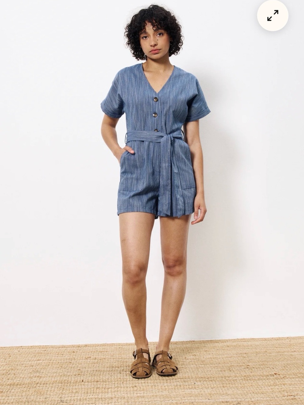 FRNCH Adila Navy Linen Blend Blue Casual Chic Combishort Romper Size L
